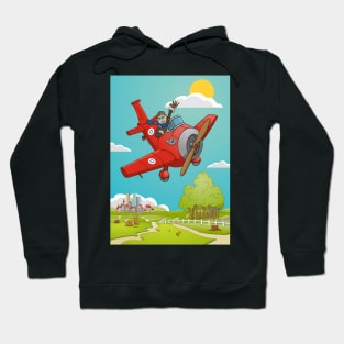 The waving pilot in his red airplane with landscape and background Hoodie